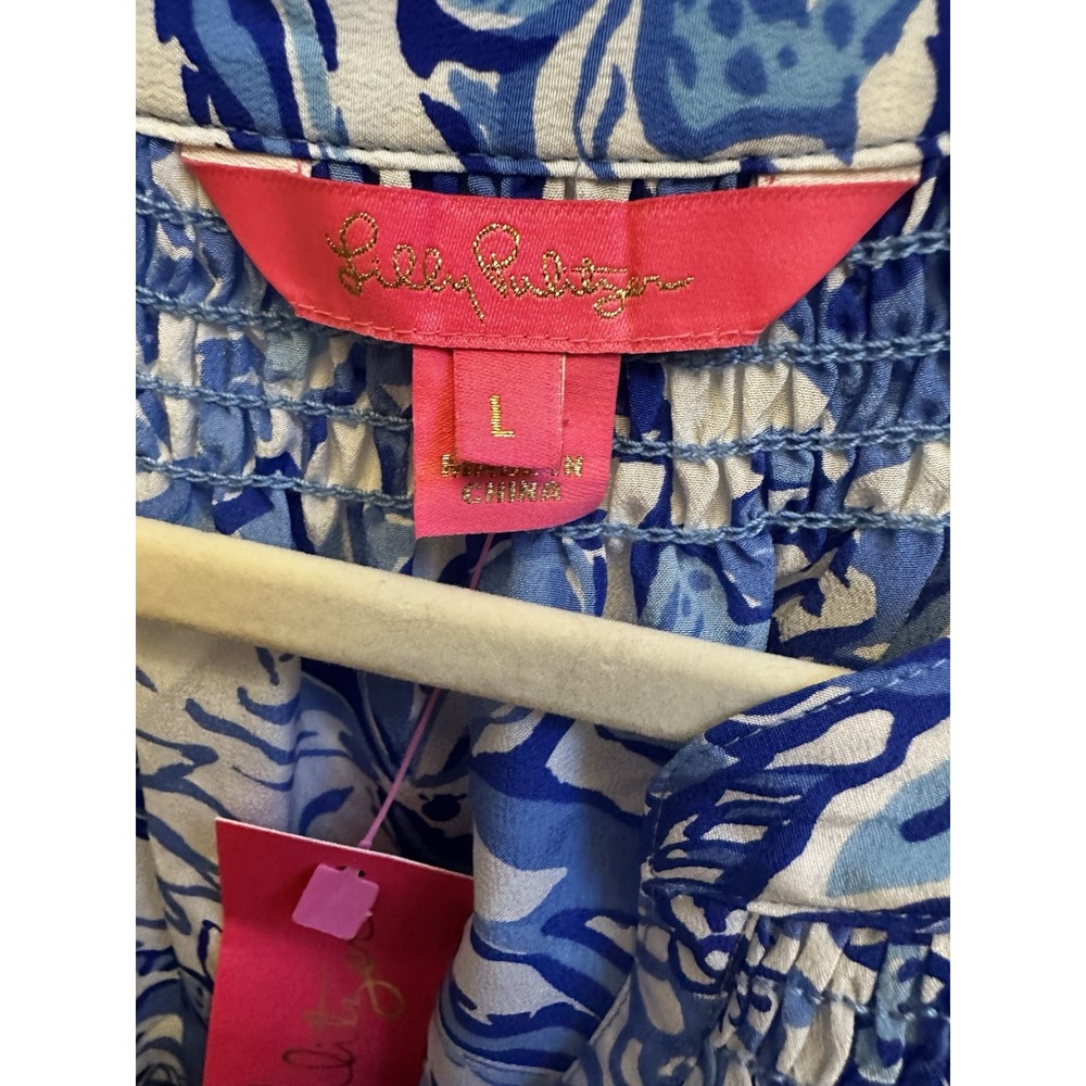 Lilly‎ Pulitzer Elsa Silk Top Blue Tang Flocking Fabulous Sz Large NWT $178 - Picture 3 of 7